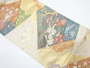 切りばめ風　秋草に色紙散らし模様織り出し　袋帯